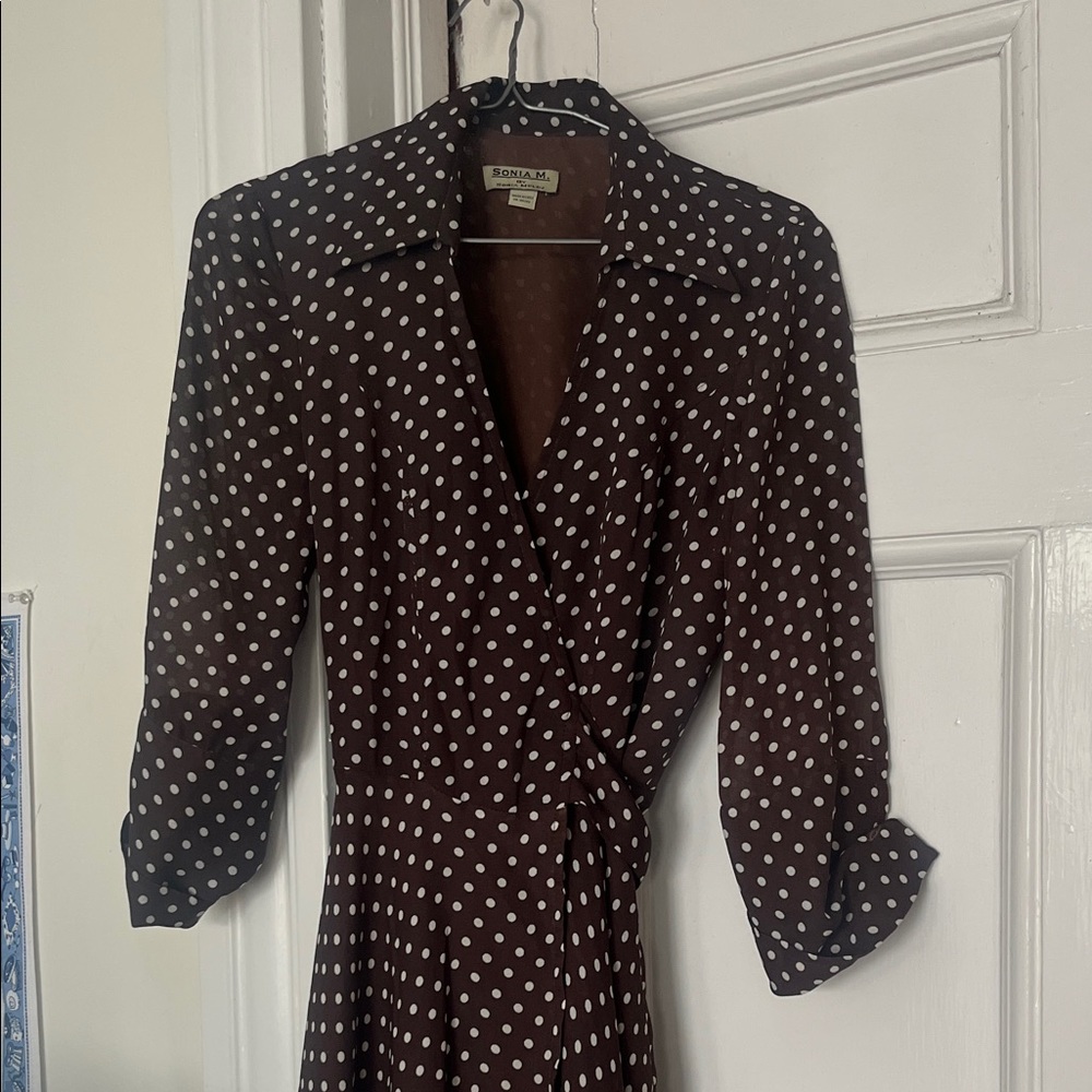 Sonia Rykiel Brown Polka Dot Long Sleeve Wrap Dress